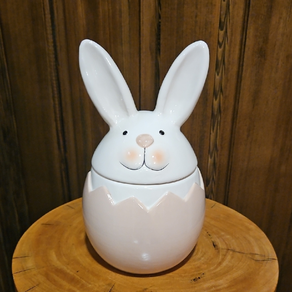 Cookie Jar Easter Bunny Rabbit Egg Shaped Pink & Soft White Has Seal Holiday